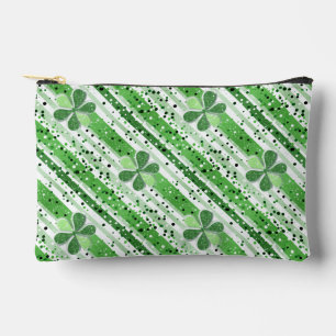 Elegant Green White Stripes Shamrock Glitter Accessory Pouch