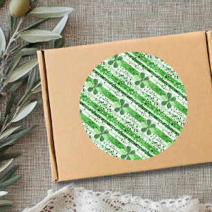Elegant Green White Stripes Shamrock Glitter Classic Round Sticker