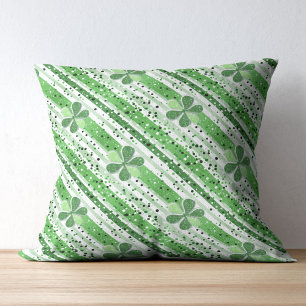 Elegant Green White Stripes Shamrock Glitter Cushion