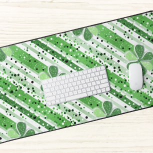 Elegant Green White Stripes Shamrock Glitter Desk Mat