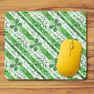 Elegant Green White Stripes Shamrock Glitter Mouse Mat