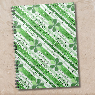 Elegant Green White Stripes Shamrock Glitter Notebook