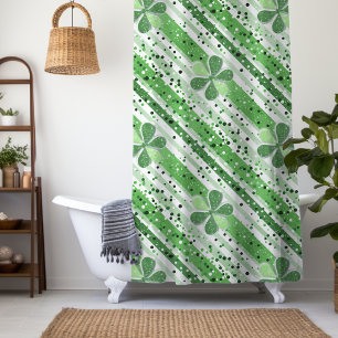 Elegant Green White Stripes Shamrock Glitter Shower Curtain