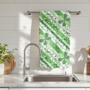 Elegant Green White Stripes Shamrock Glitter Tea Towel