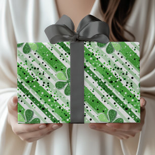 Elegant Green White Stripes Shamrock Glitter Wrapping Paper