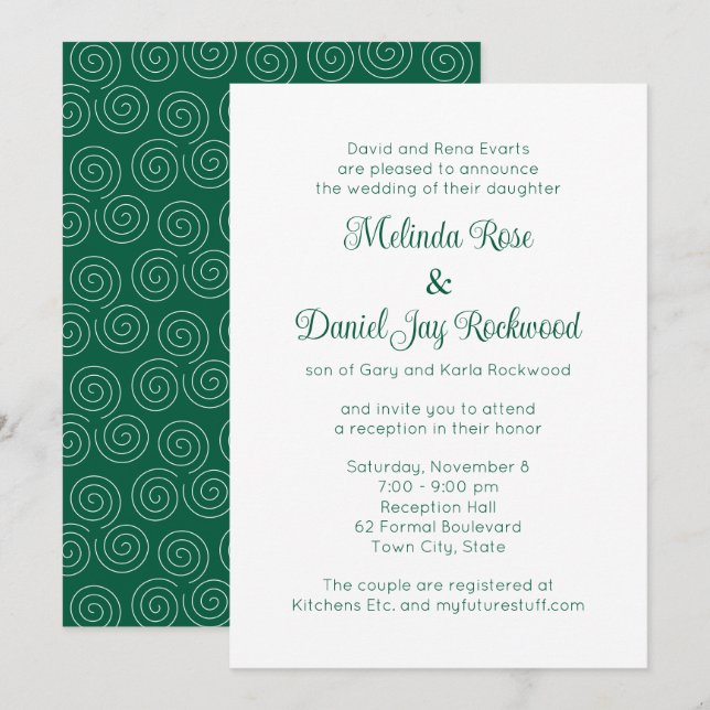 Elegant Green & White Swirl Wedding Reception Invitation (Front/Back)