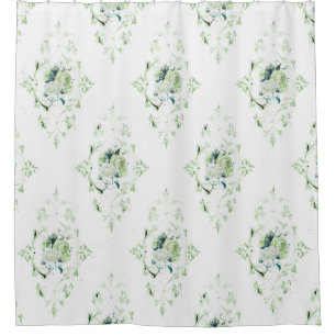 ELEGANT GREEN WHITE VINTAGE FLORAL SHOWER CURTAIN