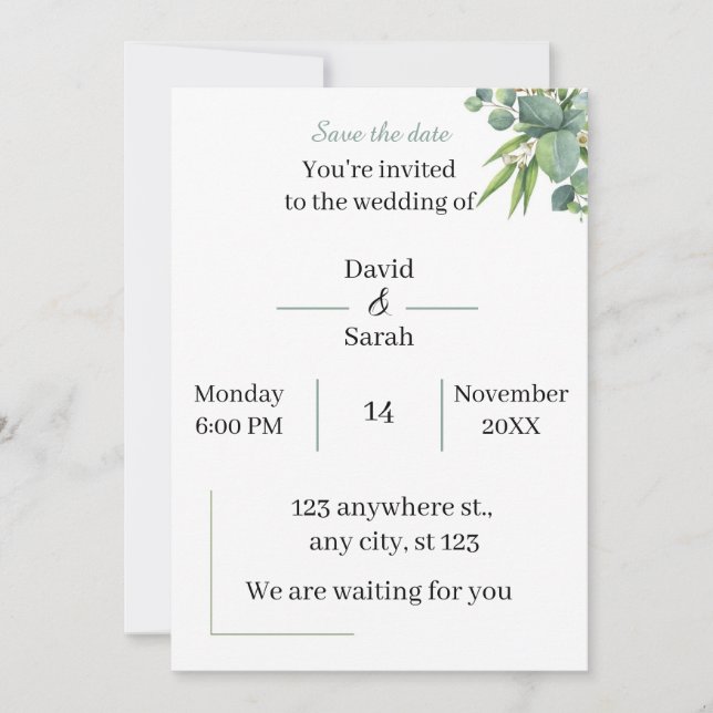 Elegant Green White Wedding Invitation (Front)