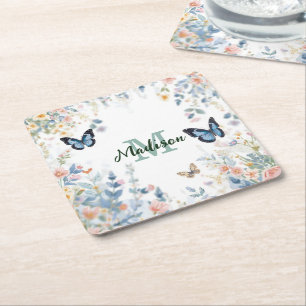 elegant Green Wildflower Boho Monogram In Bloom Square Paper Coaster