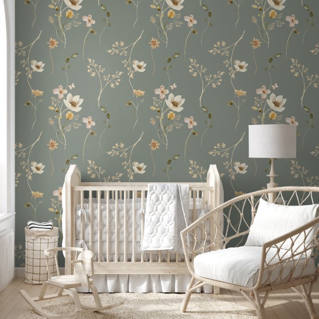 Elegant Green Wildflowers Floral Watercolor  Wallpaper (Kids)