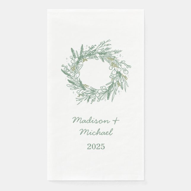 Elegant Green Winter Botanical Wreath Wedding Napkin (Front)