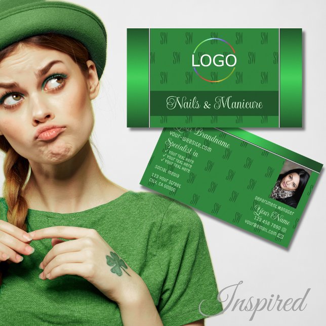 Elegant Green with Logo Photo and Monogram Pattern Business Card (Creator Uploaded)