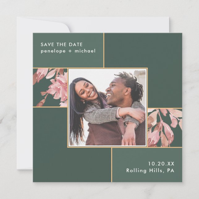 Elegant Green with Pink Floral Photo Wedding Save The Date (Front)