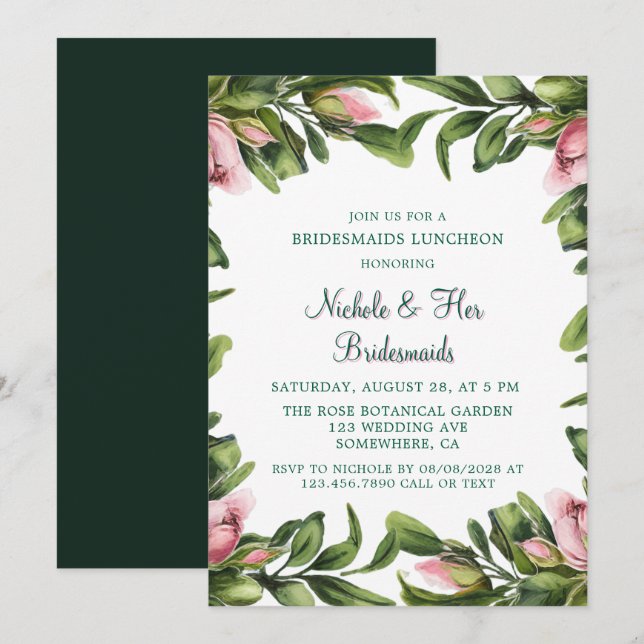 Elegant Green Wreath Pink Bud Bridesmaids Luncheon Invitation (Front/Back)
