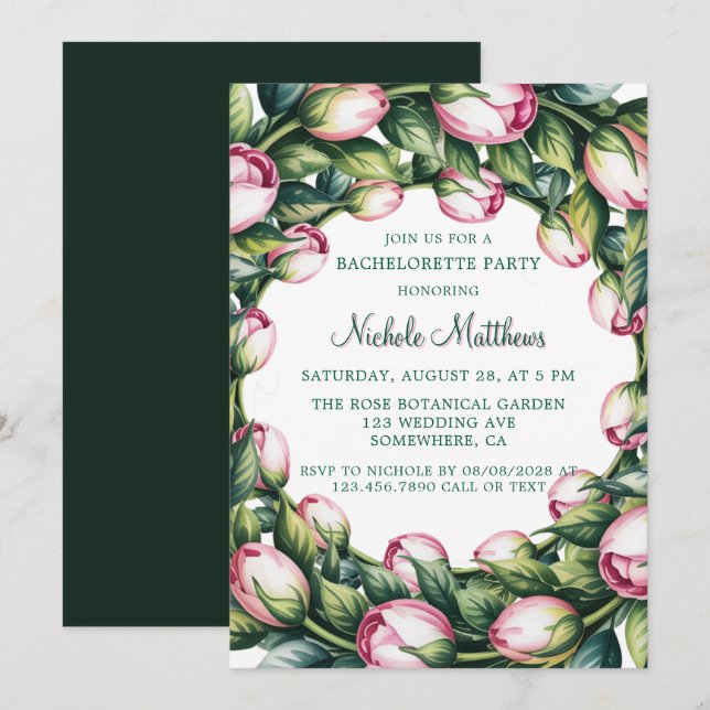 Elegant Green Wreath Pink Buds Bachelorette Party Invitation (Front/Back)