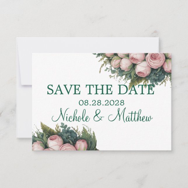 Elegant Green Wreath Pink Buds Wedding Save The Date (Front)