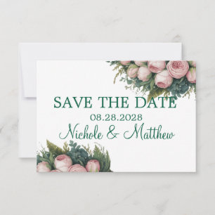 Elegant Green Wreath Pink Buds Wedding Save The Date