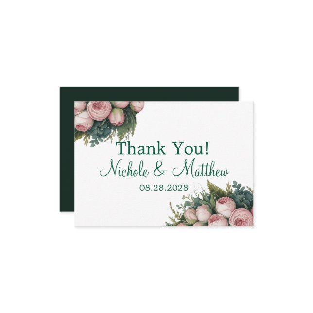 Elegant Green Wreath Pink Buds Wedding Thank You Card (Front/Back In Situ)