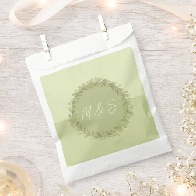 Elegant Green Wreath Watercolor Personalised Favour Bags (Clipped)