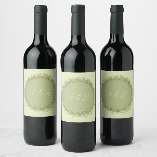 Elegant Green Wreath Watercolor Personalised Wine Label (Bottles)