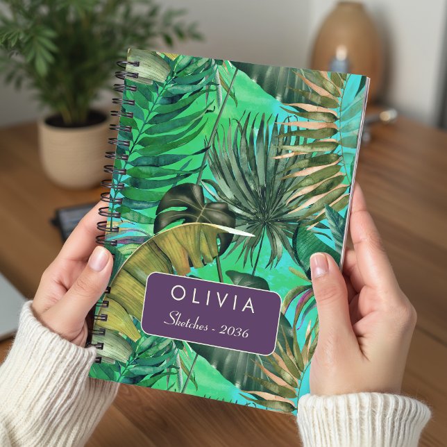 Elegant Green Yellow Blue Tropical Leaf Pattern Notebook (Creator Uploaded)