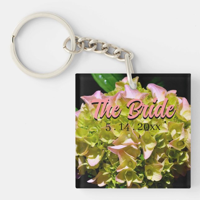 Elegant green yellow pink Hydrangea flowers Key Ring (Front)