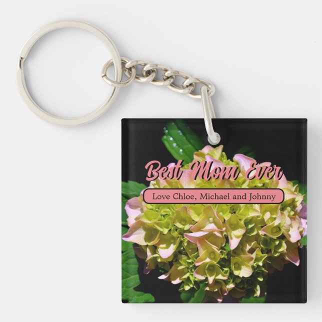 Elegant green yellow pink Hydrangea flowers Key Ring (Front)