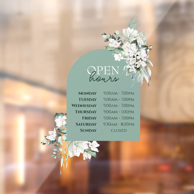 Elegant Greenery and Arch Open Hours Window Cling (Sheet 2)