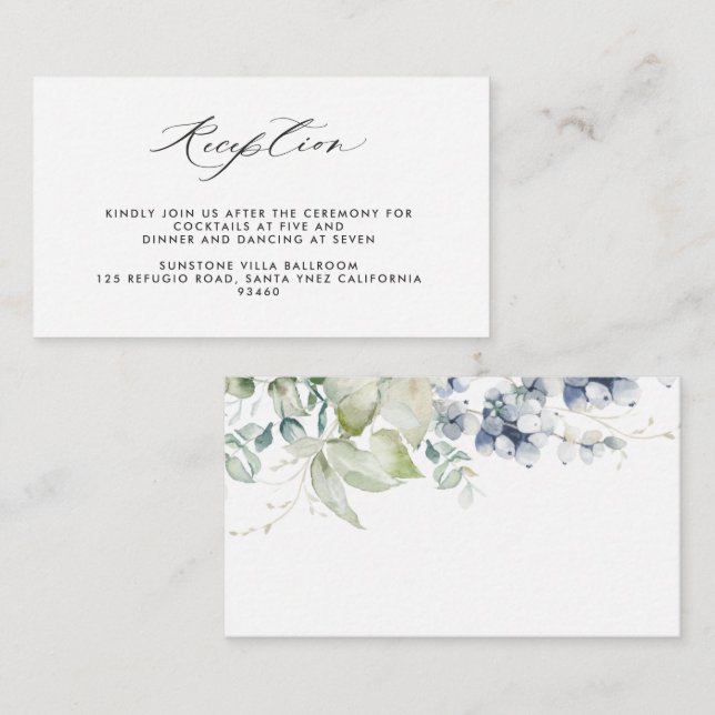 Elegant Greenery and Blue Floral Wedding Reception Enclosure Card (Front/Back)