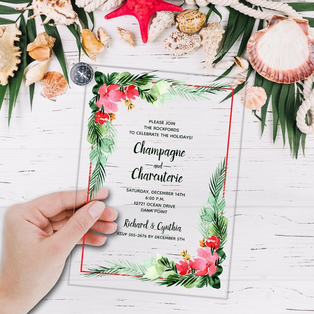 Elegant Greenery and Floral Christmas  Acrylic Invitations (Elegant tropical greenery and flowers ACRYLIC Christmas party Invitations)