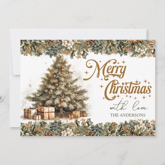 Elegant greenery and gold cosy Christmas tree, Holiday Card (Front)
