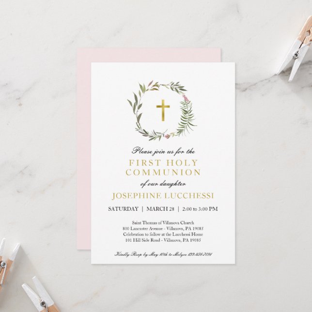 Elegant Greenery and Gold Foil Baptism Communion I Invitation (Front/Back In Situ)
