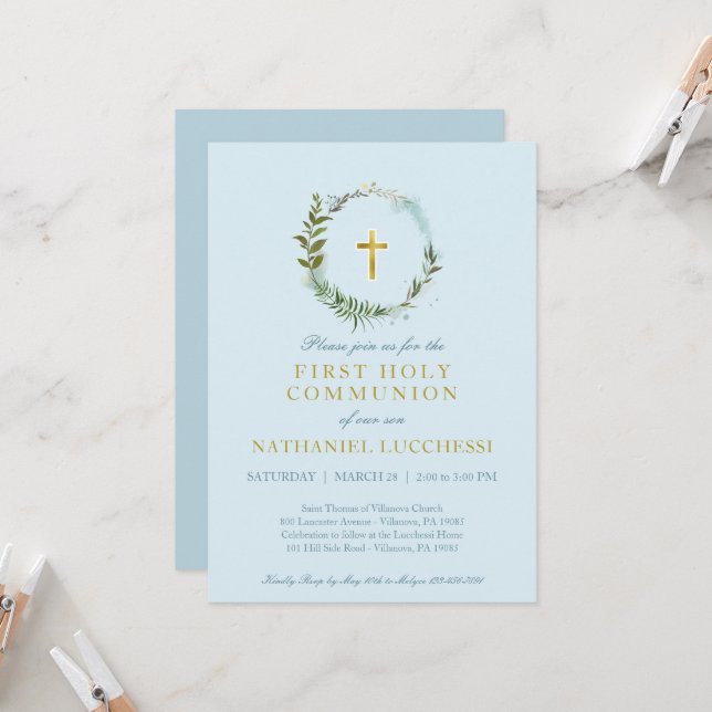 Elegant Greenery and Gold Foil Baptism Communion Invitation (Front/Back In Situ)