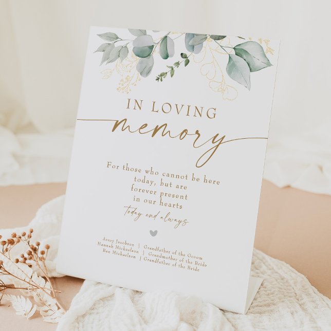 Elegant Greenery and Gold In Loving Memory Wedding Pedestal Sign (Creator Uploaded)