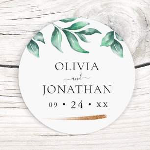 Elegant Greenery and Gold Minimalist Wedding Classic Round Sticker
