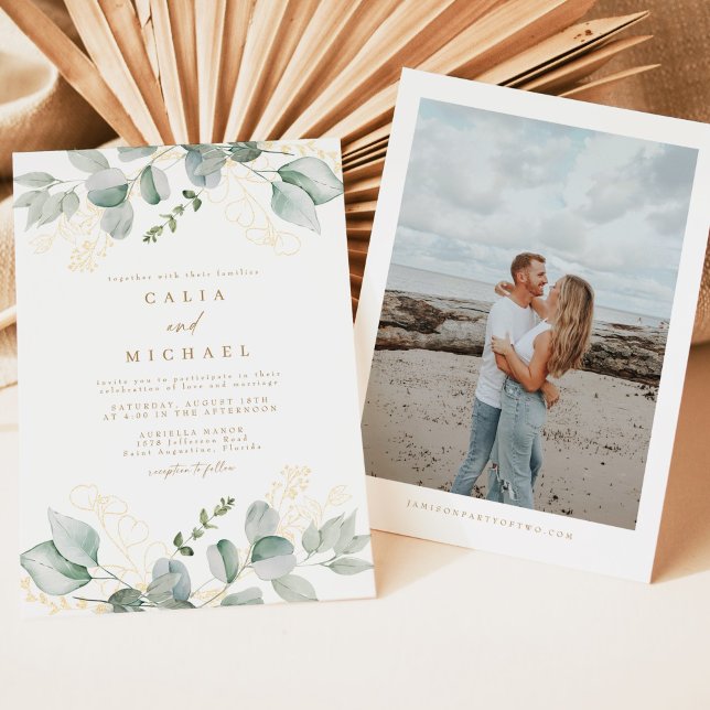 Elegant Greenery and Gold Photo Wedding Invitation (Elegant watercolor greenery wedding invitation with photo backside)