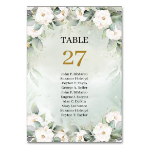Elegant greenery and gold table number with names