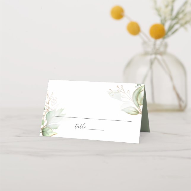 Elegant Greenery and Gold Wedding Place Card (Front)