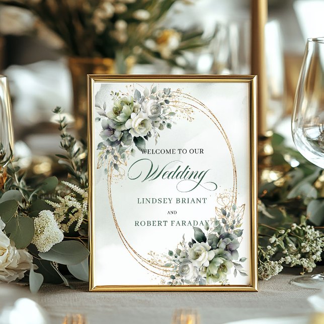 Elegant Greenery and Gold Wedding Welcome Sign (Elegant Greenery and Gold Wedding Welcome Sign)