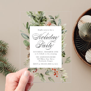 Elegant Greenery and Holly Berries Holiday Party Acrylic Invitations