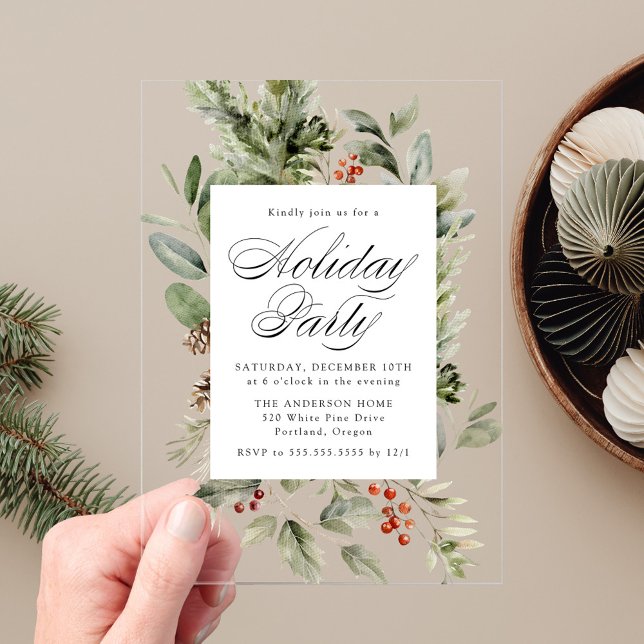 Elegant Greenery and Holly Berries Holiday Party Acrylic Invitations (Creator Uploaded)