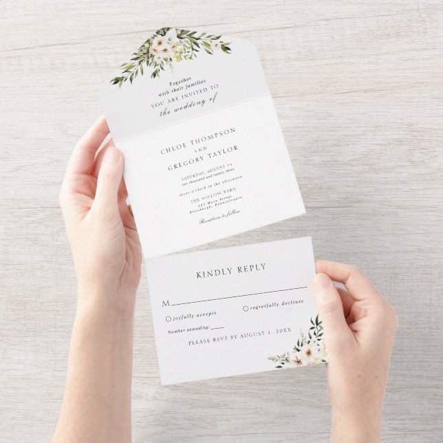 Elegant Greenery and Ivory Florals All In One Invitation (Tearaway)