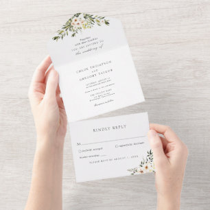 Elegant Greenery and Ivory Florals All In One Invitation