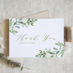 Elegant Greenery and White Flowers Gold Wedding Thank You Card