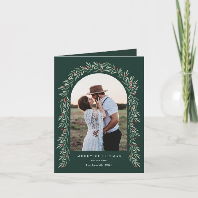Elegant Greenery Arch Modern 2 Photo Christmas Holiday Card (Front)
