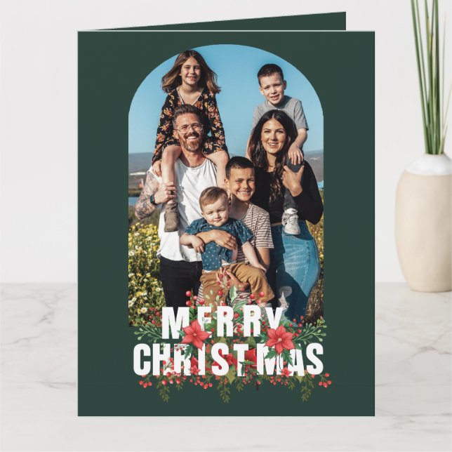 Elegant Greenery Arch Script Photo Christmas Card (Front)