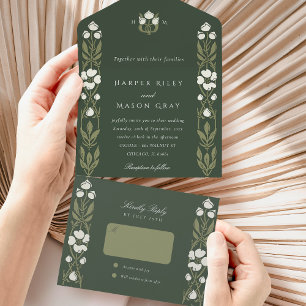 Elegant Greenery Art Nouveau Tear-Away RSVP All In One Invitation