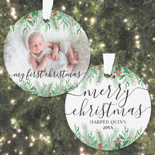 Elegant Greenery Baby Photo First Christmas Ornament