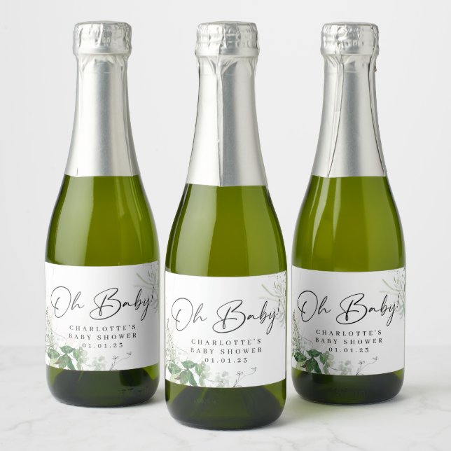 Elegant Greenery Baby Shower Mini Sparkling Wine L Label (Bottles)