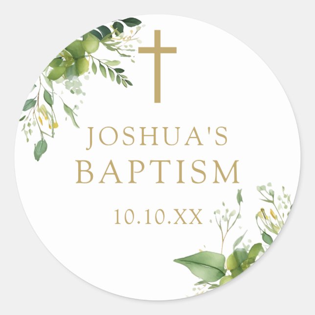 Elegant Greenery Baptism Christening Favour Classic Round Sticker (Front)
